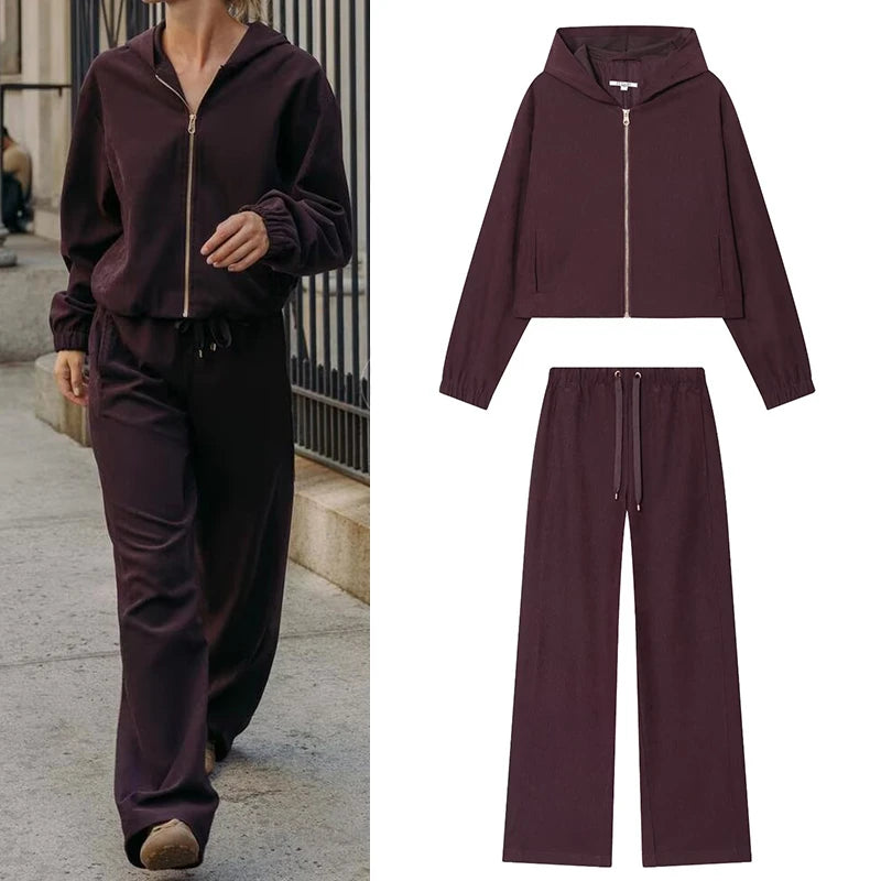 Women's Suit 2025 New Fashion Autumn and Winter Hooded Bomber Jacket and Wide Leg Pants Suit for Women Casual Chic Ladies Set
