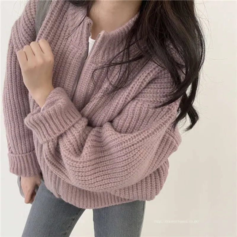 Long Sleeve New Cardigan Zipper Korean Women Sweater Autumn Winter Fashion Round Neck Loose Tops Casual Style Knitted Clothing